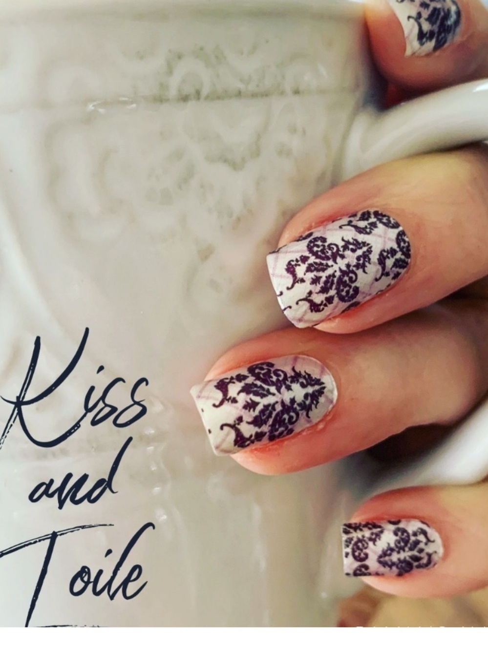 Color Street Kiss and Toile White Nails with Black Damask Accent